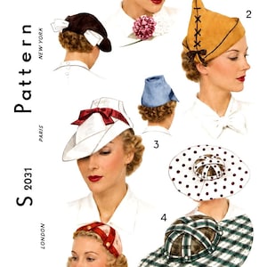 May include: A sewing pattern sheet labeled Pattern S 2031 Size 21, featuring illustrations of five distinct hat styles. Designs include a pink pleated hat, a tan pointed hat with lacing, a blue cap, a white hat with a red bow, and plaid hats.