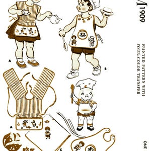 May include: A vintage sewing pattern for a child's apron and chef's hat. The pattern includes a four-colour transfer featuring Campbell Kids characters. The pattern is printed on white paper with brown ink. The pattern number is M1909. The pattern is for one size.