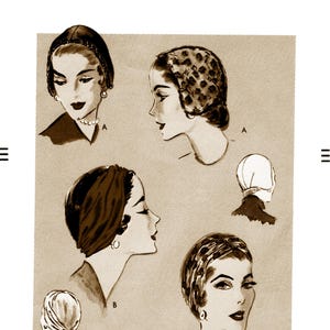 Könnte beinhalten: Vintage Schnittmuster mit Illustrationen von Frauen mit verschiedenen Kopfbedeckungen. Das Muster ist mit "V 8119" gekennzeichnet und enthält den Text "ONE SIZE PATTERN". Das Bild hat einen Sepia-Ton.