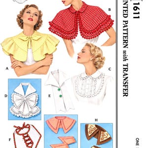 May include: A sewing pattern envelope labeled M1611 for Women's and Misses' Collars in one size. The illustration displays eight collar variations labeled A through H, featuring diverse styles including polka dots, ruffles, bows, and embroidery.