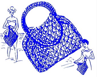 May include: Blue and white illustration of a crocheted handbag with a circular handle. Two women are depicted, one holding a similar net bag. The bag has a textured, open weave design, suggesting a beach or summer theme.