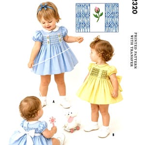 May include: Image of a pattern for toddlers' smocked or gathered dresses. The image shows three young children wearing dresses in blue and yellow. The dresses have embroidered details and bows. The pattern is size 6 months.