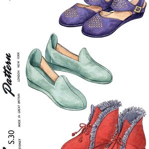 May include: A watercolor illustration of three shoe styles: purple studded sandals with gold buckles, light green slip-on loafers, and red ankle boots with grey ruffled trim and laces. Text includes Size 6, 1/5, Pattern, S.30, London, New York, Great Britain, Toronto, Sydney.