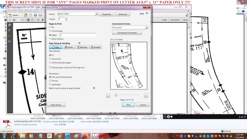 May include: Screenshot of a PDF document with a sewing pattern, showing print settings. The document includes a pattern piece with measurements and the text "SIDE CM Costi". The print dialog box is open, with options for page size and orientation.