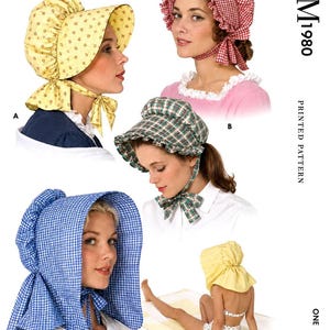 May include: A sewing pattern envelope labeled M1980 for Misses' and Girls' Sunbonnets. The image displays four variations of sunbonnets: a yellow floral print, a red and white gingham check, a green plaid, and a blue and white gingham check.