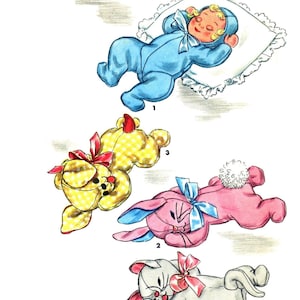 May include: Vintage illustration of four stuffed cuddly toys. Includes a baby in blue, a yellow bear, a pink bunny, and a white cat. Toys are approximately 14 inches tall.