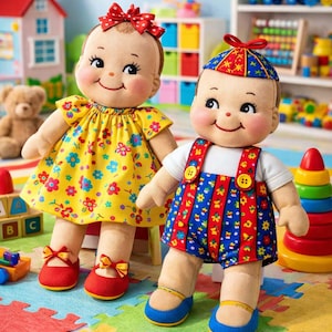 Letter PIXIE Dolls Pattern Brother Sister 2578-T Design Mail Order BOY & Girl w/ Clothes 12" Tall