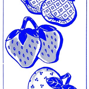 May include: Blue and white illustration of fruit-shaped potholders. The image includes pear, strawberry, and apple designs. Text at the top reads "BRIGHT FRUIT POTHOLDERS" and a number "2461". A hand is shown holding a pot.