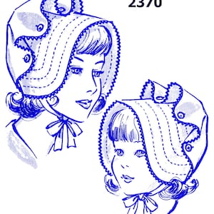 Könnte beinhalten: Eine Vintage-Nähvorlagen-Illustration eines Häubchens mit einem gekräuselten Rand. Die Muster-Nummer 2370 ist in der oberen rechten Ecke des Bildes gedruckt.