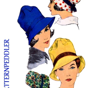 May include: Vintage illustration of women's hats in different styles and colours. Features a blue hat, a yellow hat with a brown band, a white hat with red polka dots, and a patterned hat. Text includes "5354" and "HEAD SIZE 22".
