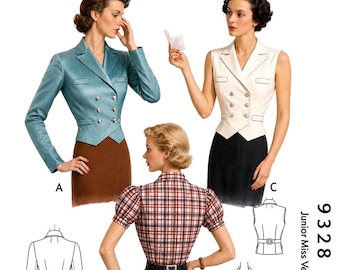 May include: A sewing pattern envelope labeled M 9328 featuring illustrations of three garments: a long-sleeved blue double-breasted jacket, a sleeveless white double-breasted vest, and a short-sleeved plaid blouse with a belt, size 16.