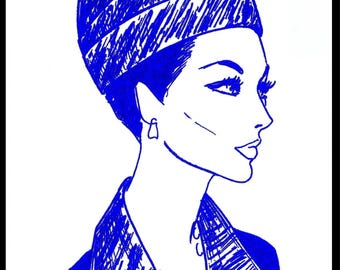 Può includere: Un disegno a linea blu di una donna che indossa un turbante blu e una giacca blu su sfondo bianco. Il testo "ORIENTAL DOME" è in alto nell'immagine.