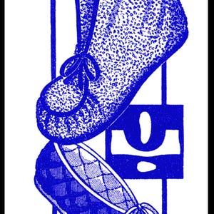 May include: A blue and white illustration of two pairs of slippers. The top pair is a fuzzy slipper with a lace-up design. The bottom pair is a quilted slipper with a bow.