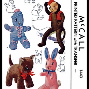 McCall 1443 Pattern Stuffed Animal Sock Dolls Bunny Cat Monkey Kitty 8" - 15" Download
