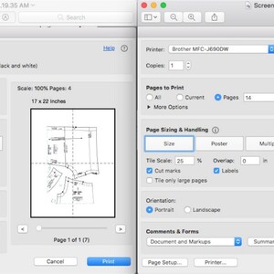 May include: A screenshot of a print dialogue box with options for printer, copies, pages to print, page sizing and handling, comments and forms, and page setup. The dialogue box shows a preview of a black and white drawing of a building plan.