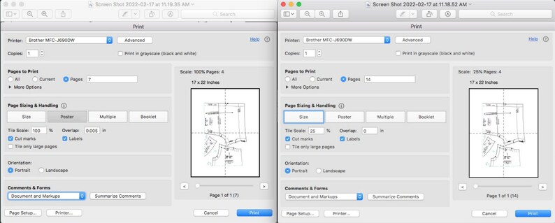 May include: A screenshot of a print dialogue box with options for printer, copies, pages to print, page sizing and handling, comments and forms, and page setup. The dialogue box shows a preview of a black and white drawing of a building plan.
