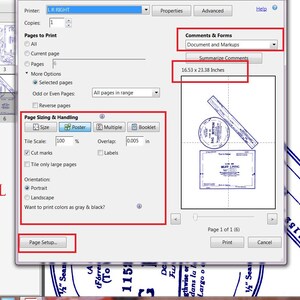 May include: A screenshot of a computer screen showing a print dialogue box with options for page sizing and handling. The dialogue box includes options for scaling, cut marks, tile only large pages, orientation, and whether to print colours as grey and black. The dialogue box also includes a preview of the document, which shows a ruler and a rectangle.