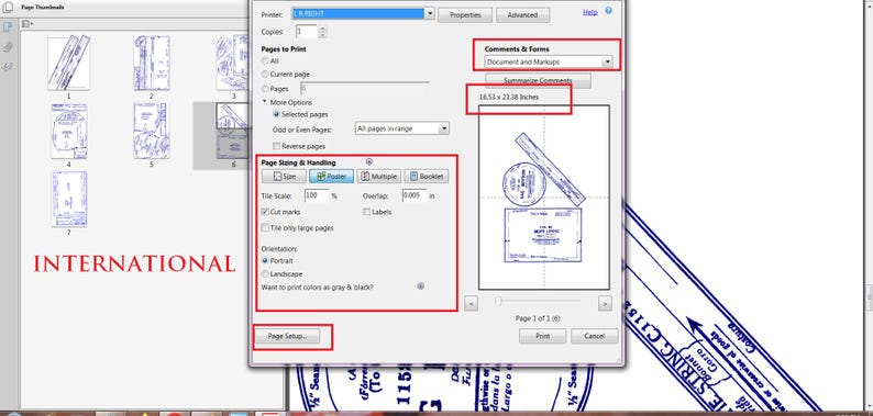 May include: A screenshot of a computer screen showing a print dialogue box with options for page sizing and handling. The dialogue box includes options for scaling, cut marks, tile only large pages, orientation, and whether to print colours as grey and black. The dialogue box also includes a preview of the document, which shows a ruler and a rectangle.