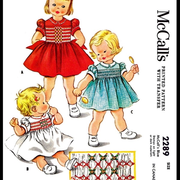 Größe ~1~ McCall's 2289 Muster Kleid Gehrock Kind Mädchen Smocked or Gathered Kleinkind