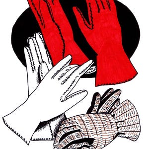 May include: Three pairs of gloves, one pair is red, one pair is white, and one pair is brown. The red gloves are on top of a black circle.