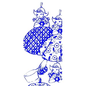 May include: Blue and white illustration featuring the text "Design 759" above a depiction of three girls in Dutch-style bonnets and dresses. One girl carries a bucket, and the dresses have floral and geometric patterns.