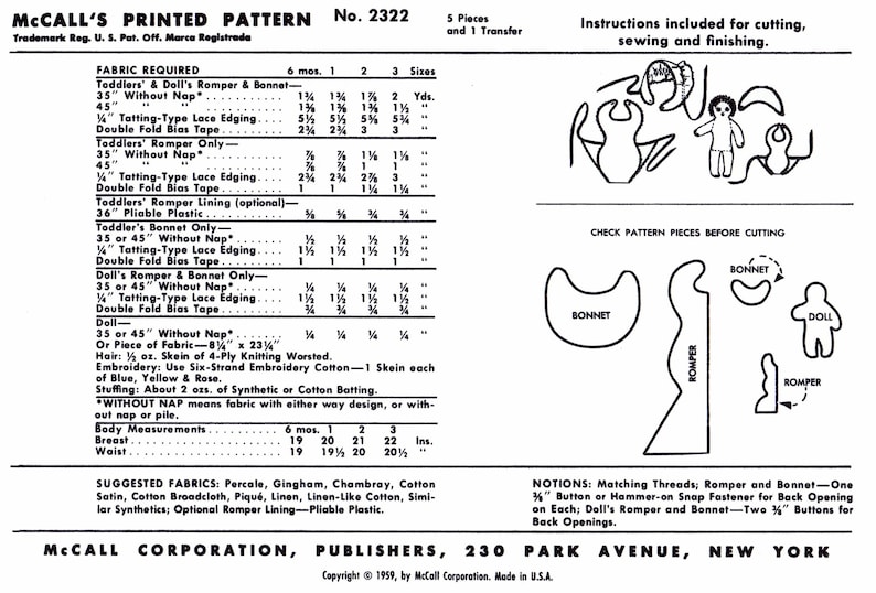 McCall/'s #2322 Child Summer Romper Bonnet Doll Playsuit Sunsuit Fabric Sewing Pattern Copy Girl Size 1~ A3 Ledger PDF Digital Delivery ONLY