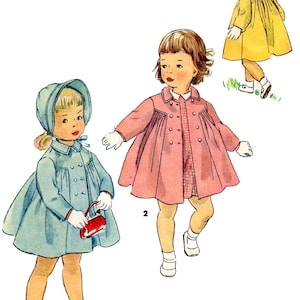 May include: Illustration of three vintage children's coats in blue, pink, and yellow. The coats have matching bonnets and are worn by young girls. The number "4587" is printed in blue in the upper left corner.