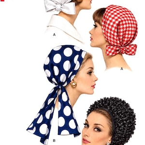May include: V 6410 pattern for head size 22. Four head coverings: a solid white head wrap with a back bow, a red and white houndstooth head wrap with a back bow, a navy blue and white polka dot head wrap with long ties, and a black textured head wrap.