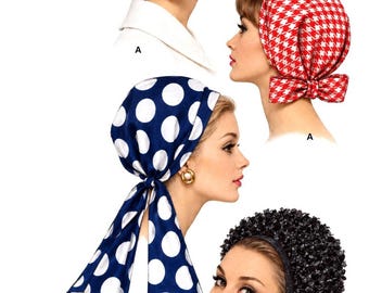 May include: V 6410 pattern for head size 22. Four head coverings: a solid white head wrap with a back bow, a red and white houndstooth head wrap with a back bow, a navy blue and white polka dot head wrap with long ties, and a black textured head wrap.