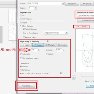 May include: A computer screen showing a print dialog box with options for page sizing and handling. The options include "Tile Scale", "Cut Marks", "Tile Only Large Pages", "Orientation", "Portrait", "Landscape", and "Want to print colors as gray & black?" The dialog box also includes a preview of the printed page.