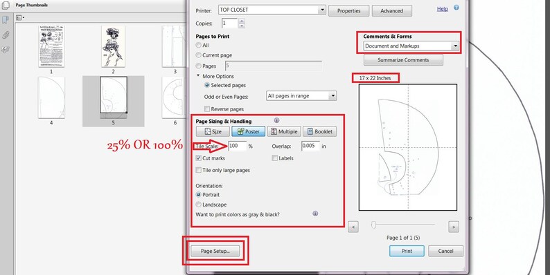 May include: A computer screen showing a print dialog box with options for page sizing and handling. The options include "Tile Scale", "Cut Marks", "Tile Only Large Pages", "Orientation", "Portrait", "Landscape", and "Want to print colors as gray & black?" The dialog box also includes a preview of the printed page.