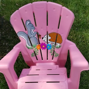 Squirrel meets Hedgehog Hand Painted on Pink Chair| Kid&#39;s/ Toddler Chair | Story-time Chair | Time-out Chair| Farmhouse Decor | Customizable