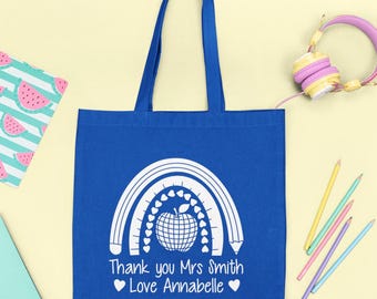 Personalised Thank You Teacher Tote Bag | Gift From Pupil | Custom Name | End of Year | School Leaving Gift | Boho Rainbow 7431