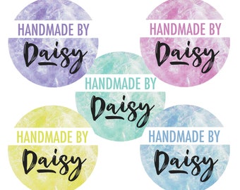 Handmade by, stickers / pin badge, craft homemade any name customised stickers crafter scrapbooker hobby unique gift small business 6042