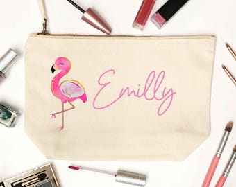 Neceser de maquillaje, bolso tote o bolsa de gimnasio personalizado con flamencos. Artículos de aseo, un bonito regalo de cumpleaños, estuche personalizado para accesorios de niña 7420.
