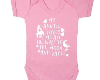 Auntie Loves Me to the Moon, Baby Bodysuit Aunty Niece Nephew Baby Shower Gift Family Quote Cute 5025