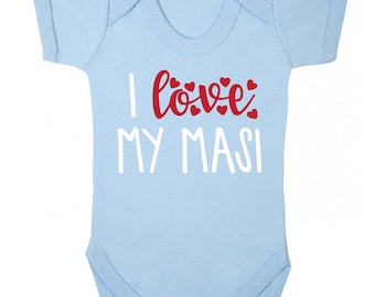 I love my Masi, Baby Vest / bodysuit baby shower birthday family auntie niece nephew love heart Indian hipster gift 5024