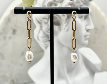 Gold plated paper clip chain pearl drop earrings