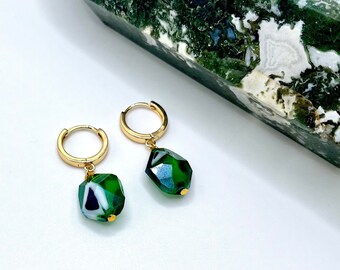 Emerald green glass bead small hoop earrings