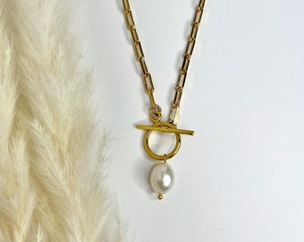 Fresh water pearl toggle charm necklace, gold plated link chain