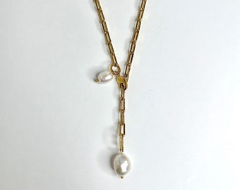 Fresh water pearl adjustable charm necklace, gold plated link chain