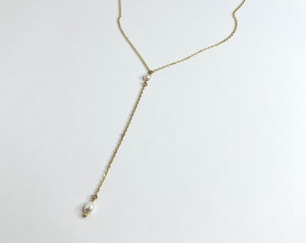 Dainty pearl lariat necklace, gold plated cable chain