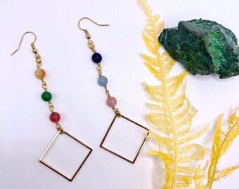 Rainbow jade bead drop earrings with gold plated square pendant