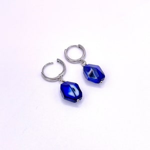 Royal blue glass bead silver hoop earrings
