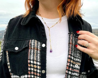 Amethyst necklace with gold plated chain - lariat