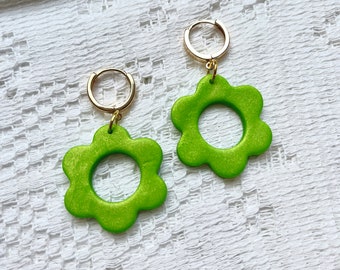Green Flower Earrings, Polymer Clay, Small Hoops