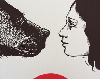 The Bride and The Bear | Screen print | Hand pulled print | printmaking | portrait | profile | bride | bear | beauty | fear | pen and ink |