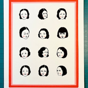 May include: A digital illustration of twelve black and white portraits of women with pink blush on their cheeks. The portraits are arranged in a grid pattern within a red and pink frame. The image is signed "Heidi Sandvik".