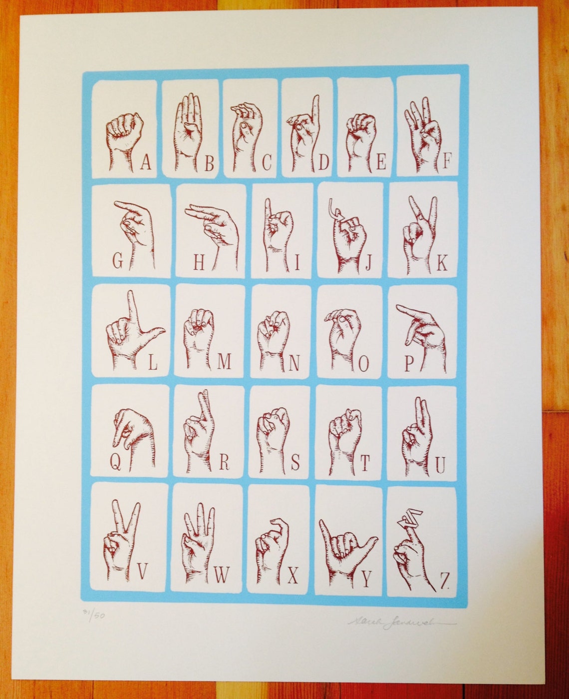 asl alphabet sign language screenprint alphabet print etsy