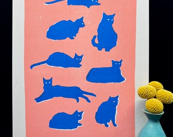 Blue Cats Risograph Print